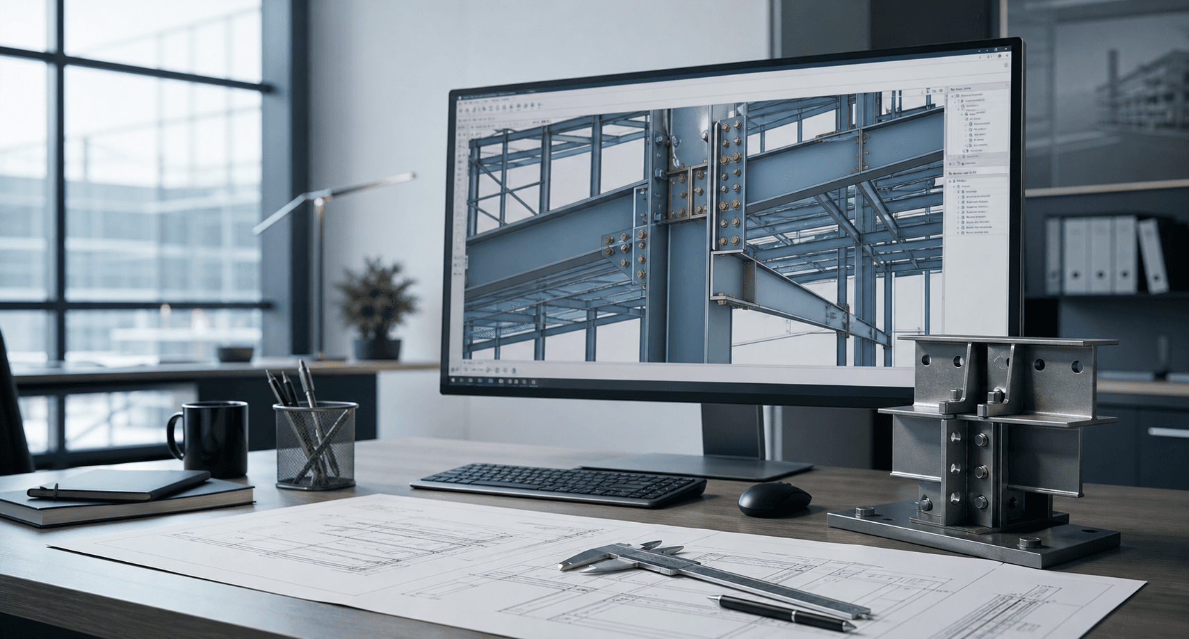Steel detailing workstation showing an SDS/2 structural steel model beside shop drawings
